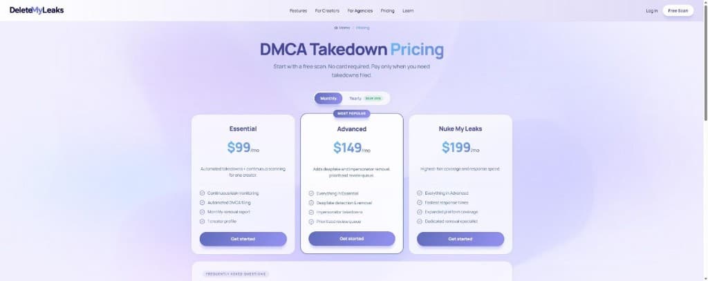 DeleteMyLeaks monthly pricing for Essential, Advanced, and Nuke My Leaks