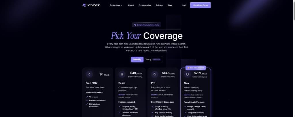 Fanlock pricing for Free DIY, Basic, Pro, and Max plans