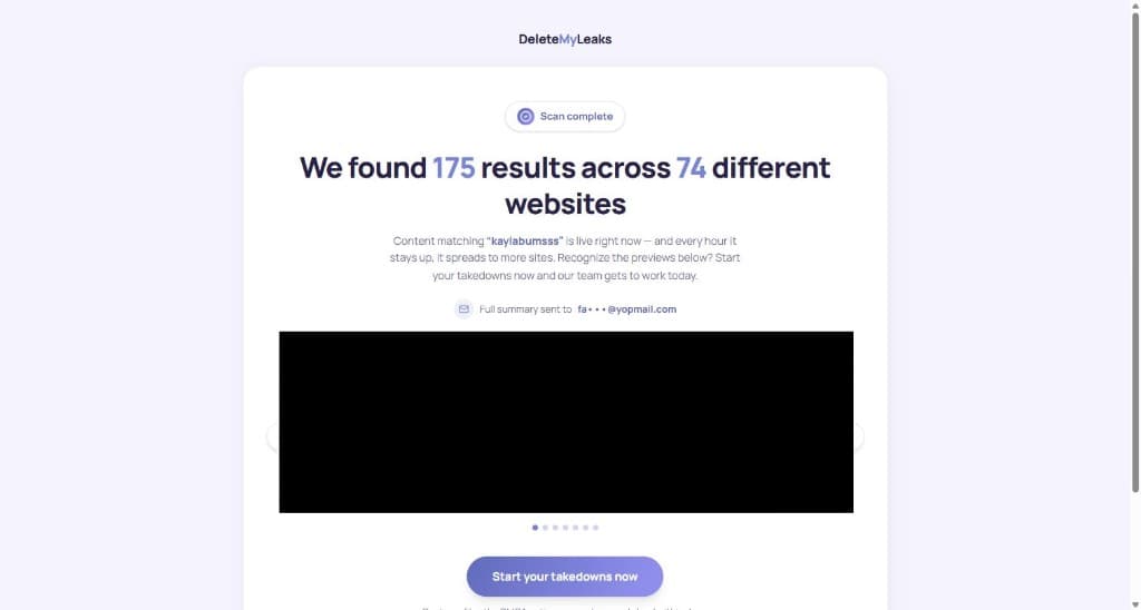 DeleteMyLeaks scan complete screen showing 175 results across 74 websites with previews redacted
