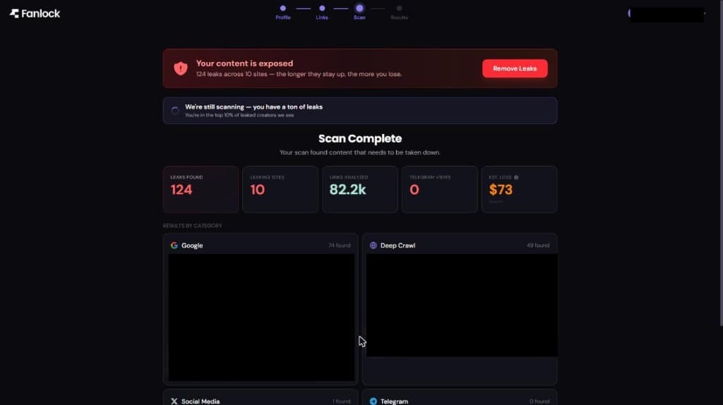 Fanlock scan complete screen showing 124 leaks across 10 sites with domain details redacted