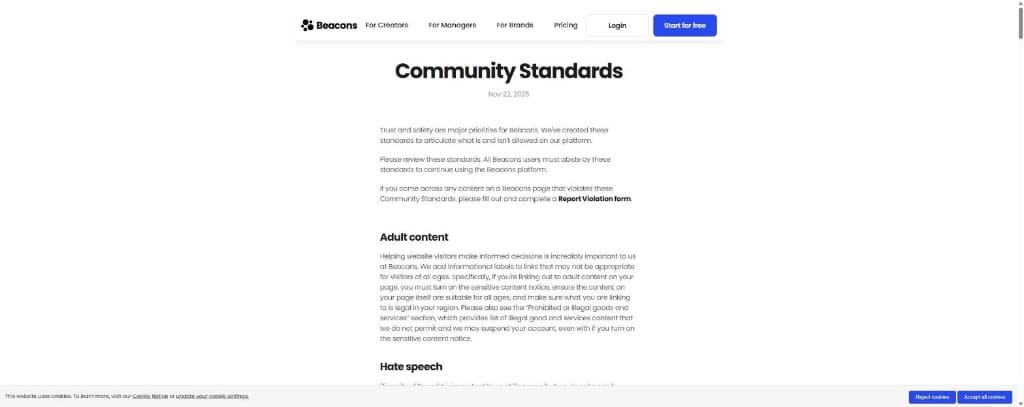 Beacons Community Standards adult content section requiring sensitive content notice