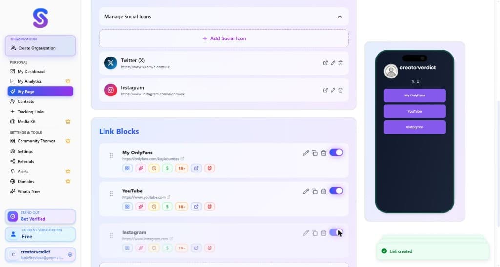 OnlyLinks editor showing My OnlyFans, YouTube, and Instagram link blocks with 18+ markers