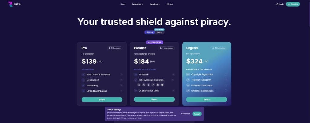 Rulta monthly pricing for Pro, Premier, and Legend plans