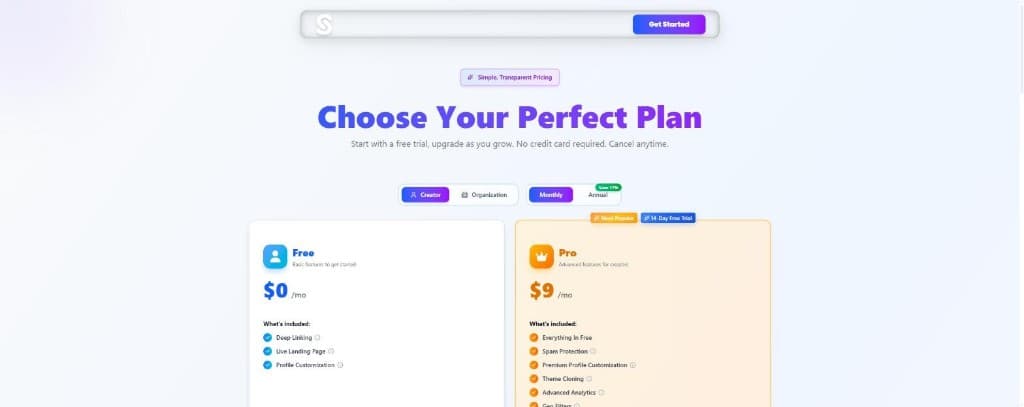 OnlyLinks pricing page showing Creator Free at $0 and Creator Pro at $9 per month