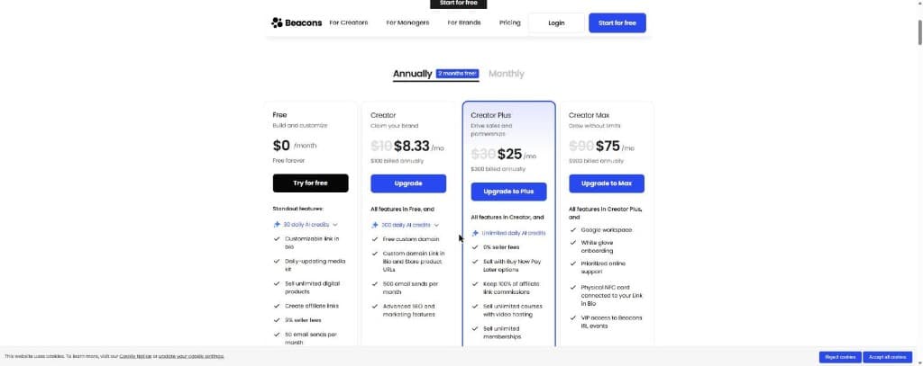 Beacons annual pricing for Free, Creator, Creator Plus, and Creator Max