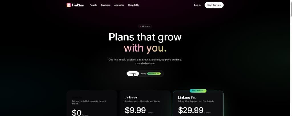 Linkme monthly pricing for Free, Linkme+, and Linkme Pro