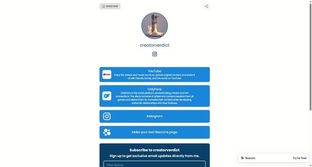 Beacons public page preview showing OnlyFans and Instagram link buttons